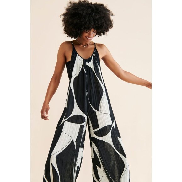 ANTHROPOLOGIE White Black Sheer Printed Cotton Gauze Wide Leg Jumpsuit, Size L - Picture 3 of 16